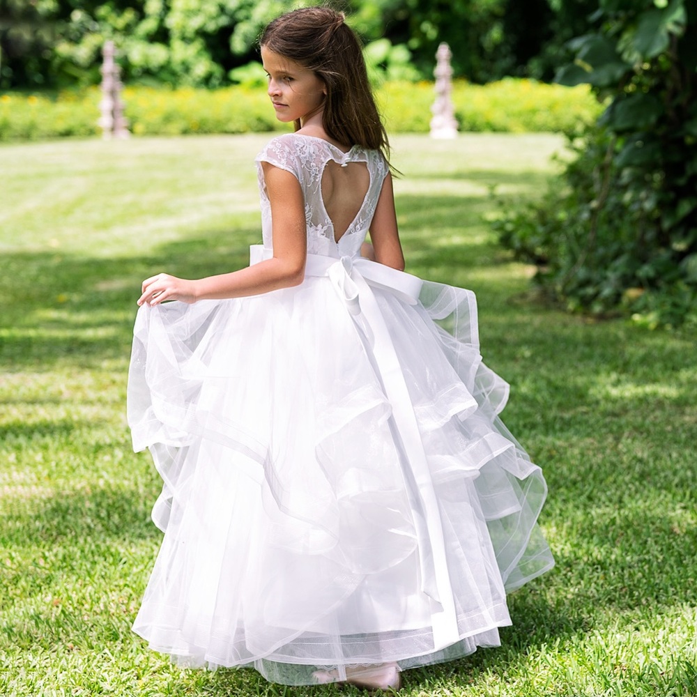 Flower Girls Lace Layered Heart Open Back Dress 8Y